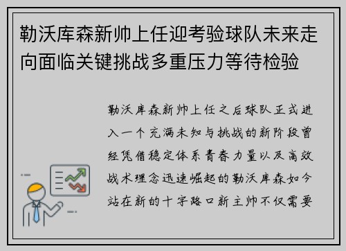 勒沃库森新帅上任迎考验球队未来走向面临关键挑战多重压力等待检验